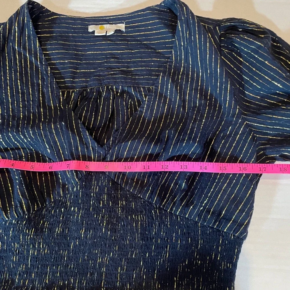 Boden‎ Navy Blue Gold Stripe Lurex Smocked Waist Cropped Blouse Top UK 10 US 6
